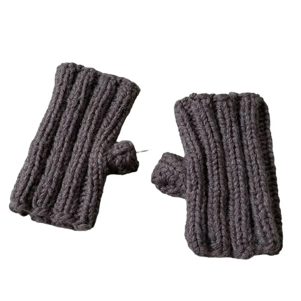 Hand Knit Handmade Wool Chinky Knit Fingerless Gloves Mittens Brown One Size